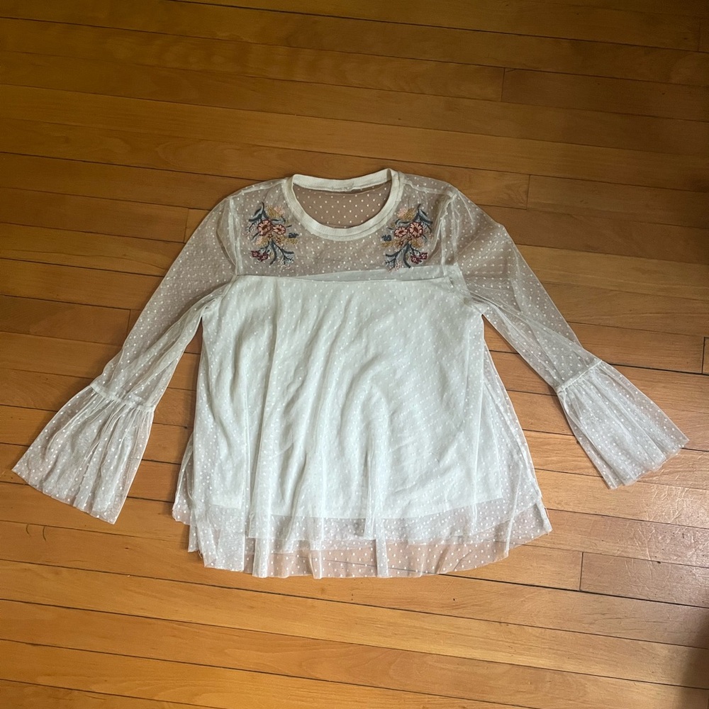 Sheer white polka dot mesh blouse with floral embroidery detail